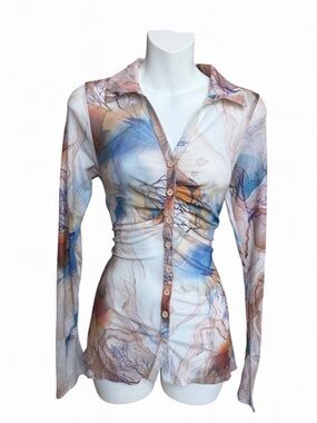 Fashion Nova Watercolor Ruched Button-Front Shirt - Blue, Tan, Cream